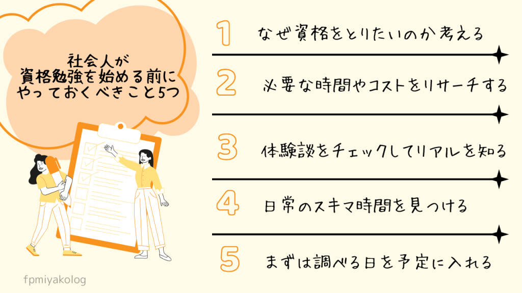 社会人が資格勉強を始める前にやっておくべきこと５つについて説明したグラフィック